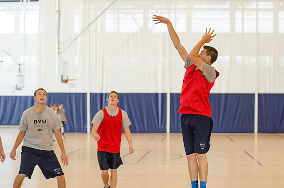BYU-Idaho students playing basketball at the I-Center on campus