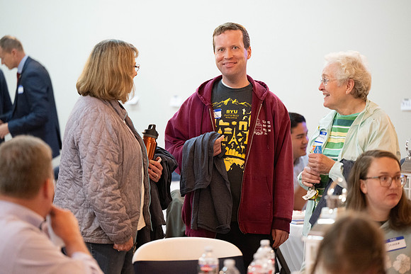 Alumni in the Cache Valley area gather at Eagles Landing Event Center, in Smithfield, Utah and get the chance to listen to and meet President Meredith.