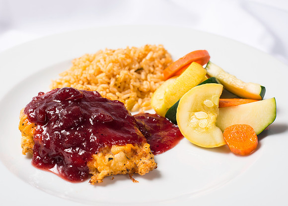 BYU-Idaho Food Service Catering menu item. Cranberry Chicken with rice and vegetables.