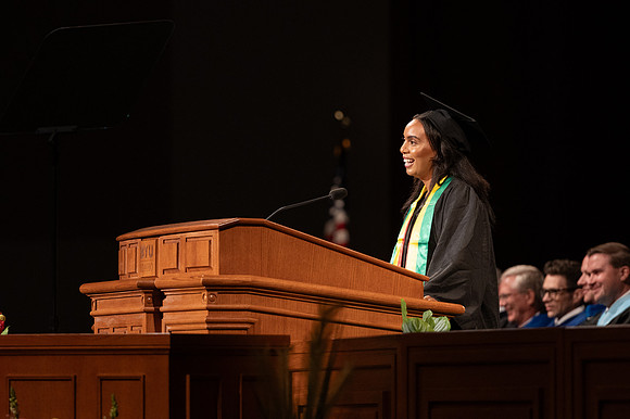 Aberash Williams, Sociology major, speaks at convocation for the College of Education & Human Development