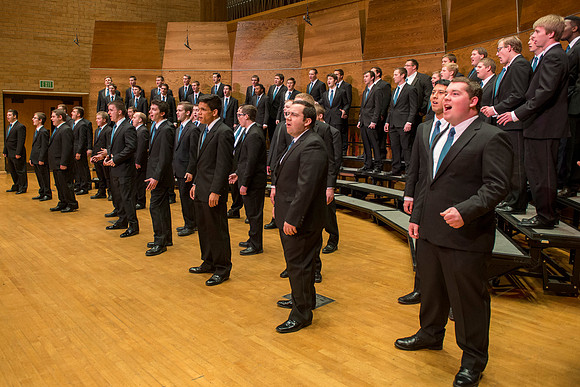 Brigham Young University-Idaho Men's Choir performing for their newest concert.