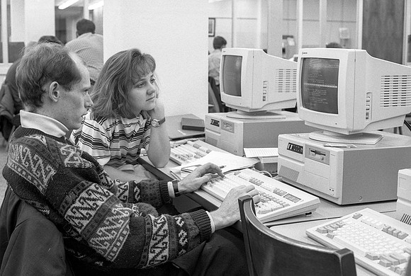 Students work in the Computer Lab on campus. November 1990.