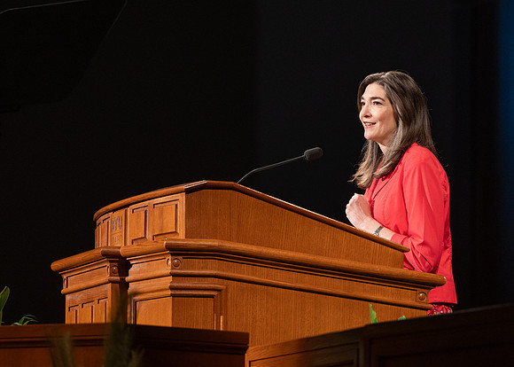 Sister Andrea Muñoz Spannaus and her husband Alin Spannaus speak to students at BYU-Idaho.