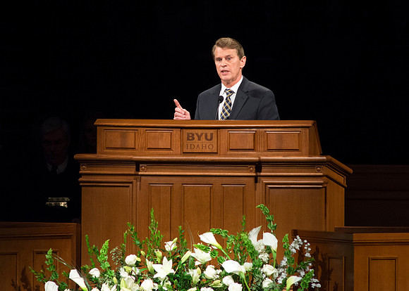 Randall L. Ridd, Second Counselor of the Young Men General Presidency, addresses young adults at the Worldwide Devotional held in the BYU-Idaho Center on Sunday, 11 January, 2015. Photo by Ryan Chase