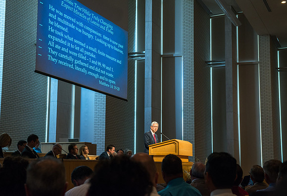 Elder Gerrit W. Gong of the First Quorum of the Seventy addresses employees in an all employee meeting. Sept 2016.