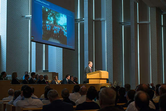 President Clark G Gilbert addresses employees in an all employee meeting. Sept 2016.