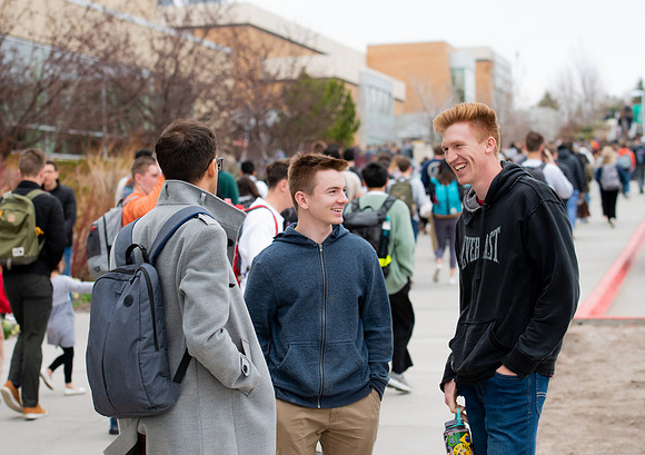 Students from BYU-Idaho gathering after the first devotional of the spring semester.