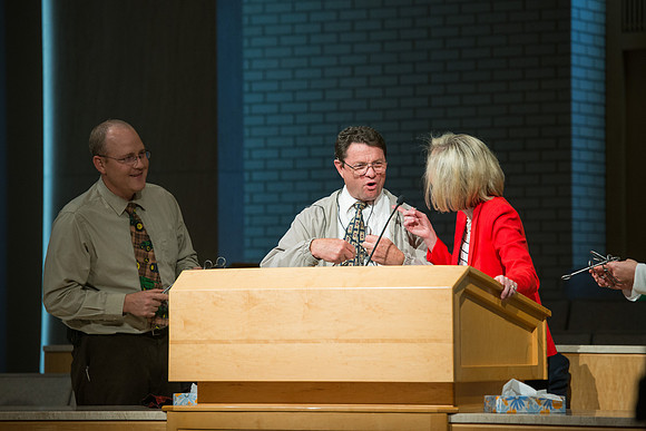 Sister Bonnie Cordon in the General Young Women's Presidency addresses Employees gathered in the Taylor Chapel.