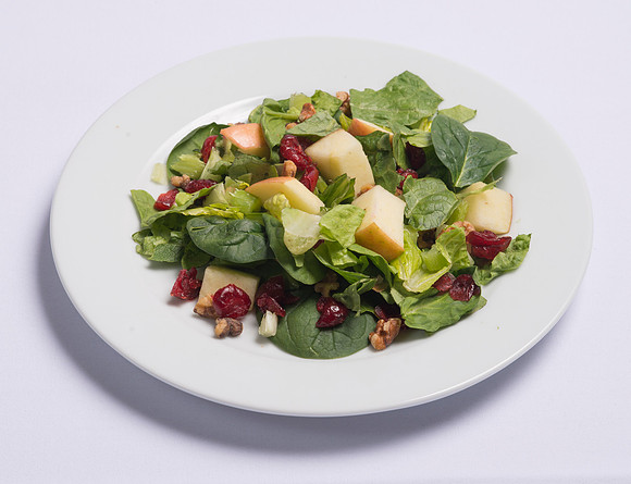 BYU-Idaho Food Service Catering. Crisp Apple Salad, Fresh mixed Salad Greens, diced Apples, dried Cranberries, toasted Walnuts, and diced Celery. Served with Poppyseed Dressing.