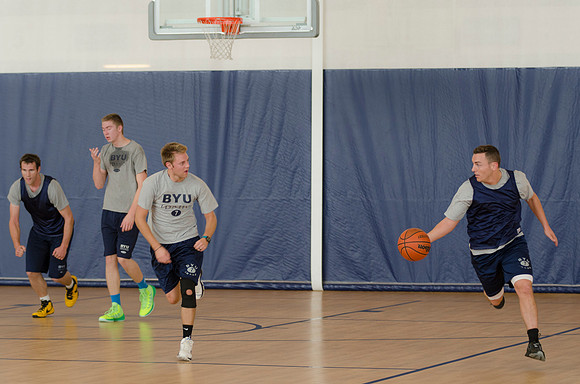BYU-Idaho students playing basketball at the I-Center on campus