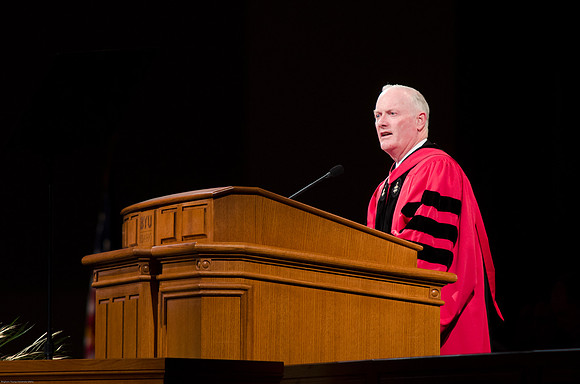 President Kim B. Clark speaks to students at their Graduation Commencement Ceremony.