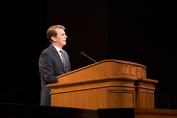 Brother Randall L. Ridd, Second Counselor in the Young Men general presidency, speaks in the BYU-Idaho Center for the World Wide Devotional.