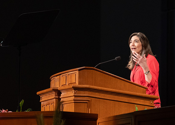Sister Andrea Muñoz Spannaus and her husband Alin Spannaus speak to students at BYU-Idaho.