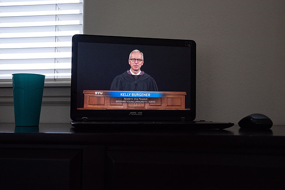 Broadcast of Winter 2020 Commencement. Due to COVID-19 graduates had a unique graduation and had to watch the commencement speech from home. Kelly Burgner, academic vice president, presenting the grad