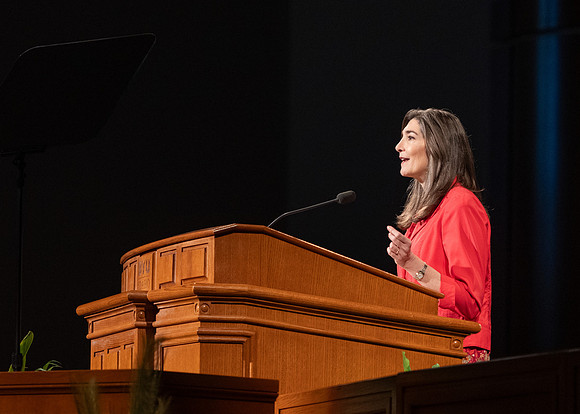 Sister Andrea Muñoz Spannaus and her husband Alin Spannaus speak to students at BYU-Idaho.