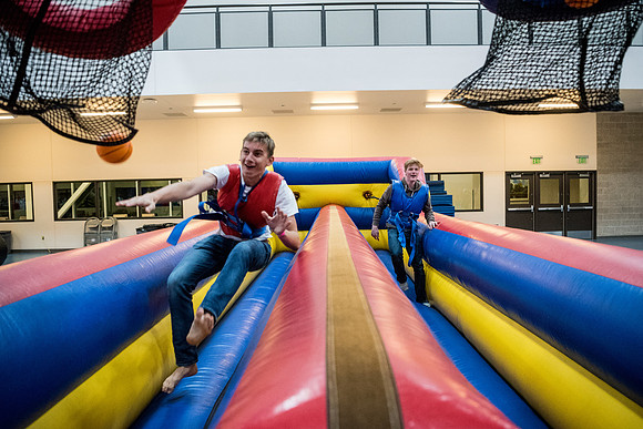 First Friday is a campus event to kick off the new semester with activities, inflatables, food, and dancing. Fall Semester.