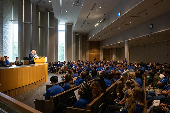 President and Sister Meredith with student volunteers and mentors who help with Get Connected, New Student Orientation.