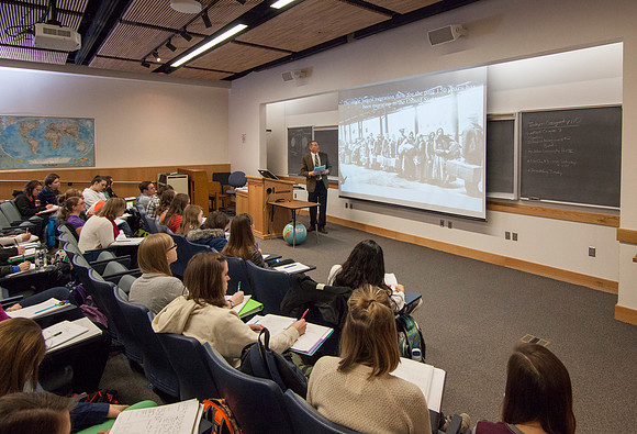 Brother Michael Madsen teaches his early morning Geography For Elementary Teachers class in the Ricks Building.