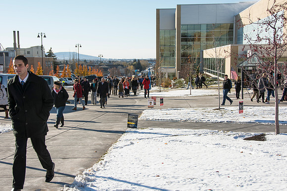 Student's walk to and from Devotional after the first snow fall of the semester.