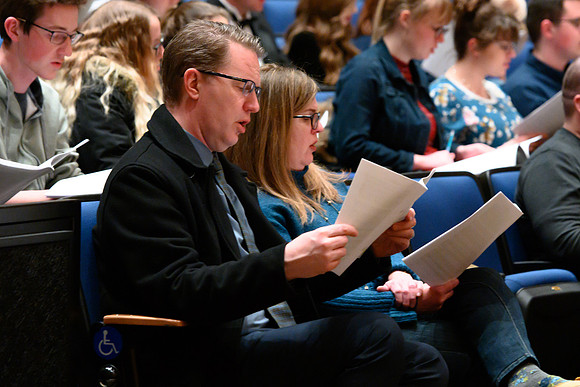 BYU-Idaho students and members of the Rexburg community gather to sing new hymns that have been written by the BYU-Idaho Community. (Students, Faculty/Staff,Community)