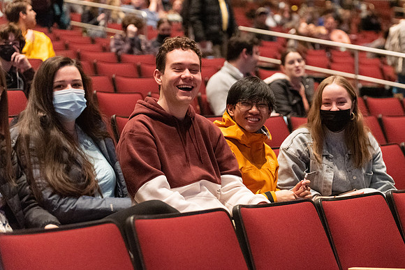 Students gathering before devotional in the I-Center.