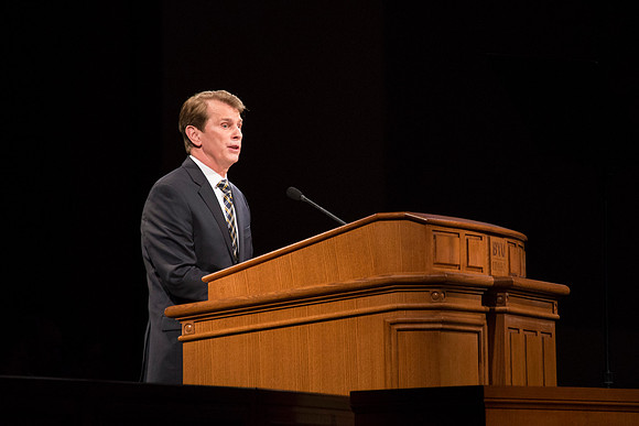Brother Randall L. Ridd, Second Counselor in the Young Men general presidency, speaks in the BYU-Idaho Center for the World Wide Devotional.