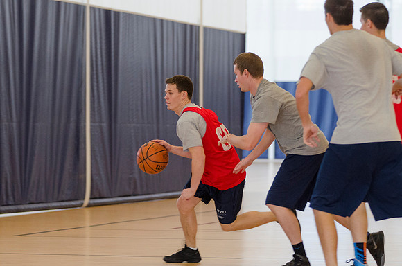 BYU-Idaho students playing basketball at the I-Center on campus