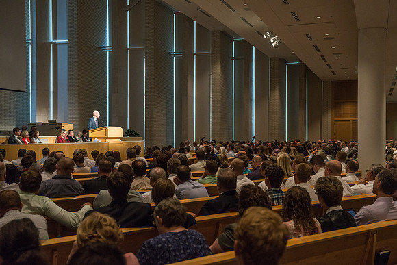 President Henry J Eyring speaks to BYU-Idaho Employees gathered for a meeting in the Taylor Chapel.