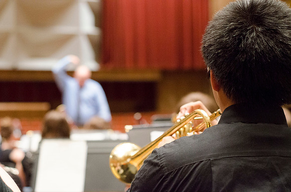 Students participate in University Band. They preformed in the Ruth Barrus concert hall.