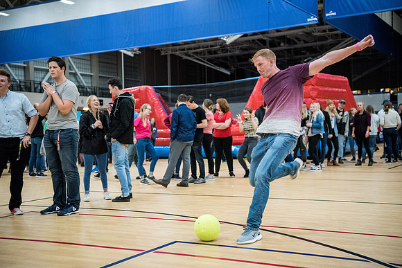 First Friday is a campus event to kick off the new semester with activities, inflatables, food, and dancing. Fall Semester.