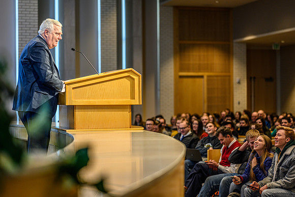Don Sleight, CEO of AgReserves, Inc for The Church of Jesus Christ of Latter-day Saints speaks on the topic of: Learning From Science, Learning From Faith, in the Taylor Chapel.