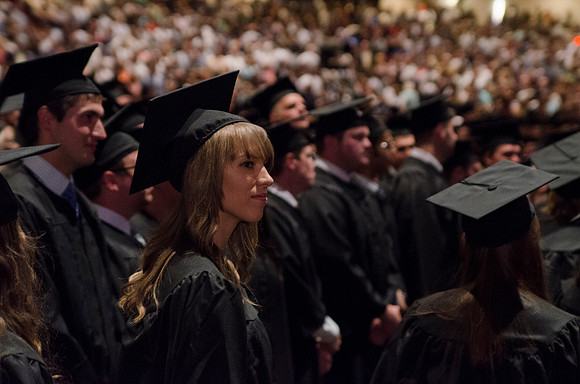 Graduating students from the 2014 Spring Semster gather in the I-Center for commencement.