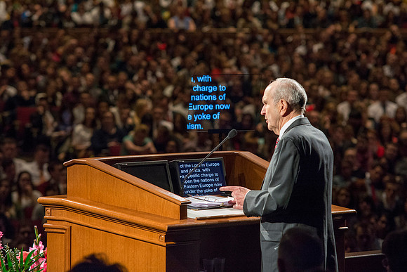 Elder Russell M. Nelson, of the Quorum of the Twelve Apostles, gives the devotional address at Brigham Young University-Idaho. Photo by Ryan Chase