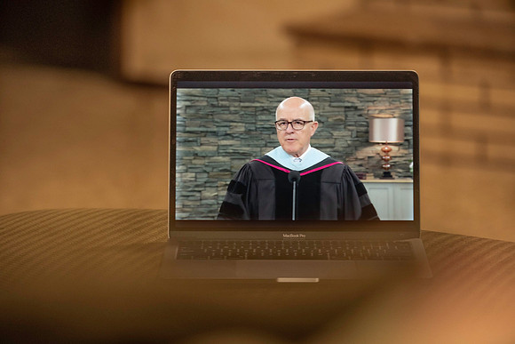 Elder L. Whitney Clayton speaks at Spring semester commencement broadcasted live during COVID-19.