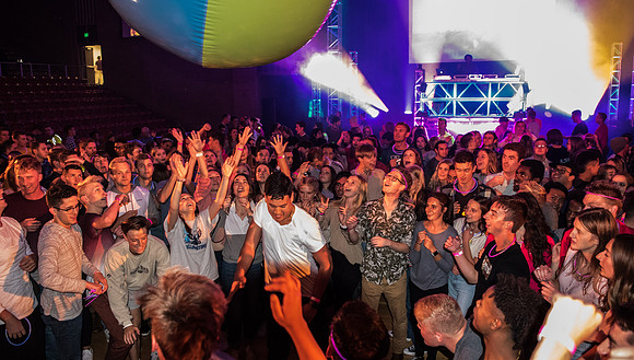 First Friday is a campus event to kick off the new semester with activities, inflatables, food, and dancing. Fall Semester.