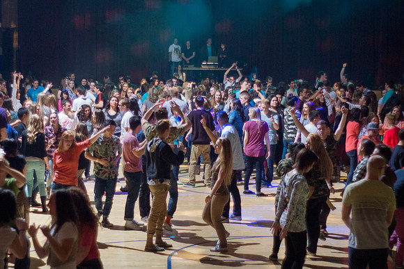 Students dance at an animal-themed dance party at in the Hart Gym.