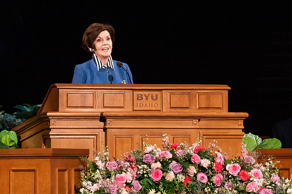 Students gather at the I-center to watch Elder Dallin H. Oaks and Sister Kristen Oaks speak at devotional in the Fall 2021 semester.