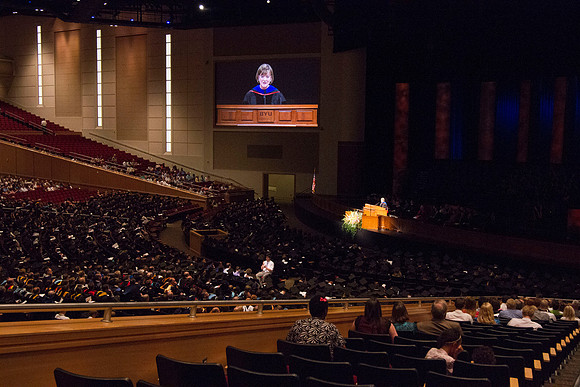 Sister Bonnie L. Oscarson, Young Women General President addresses 2014 Spring Semester Graduates during commencement in the I-Center. Photo by Tyler Rickenbach