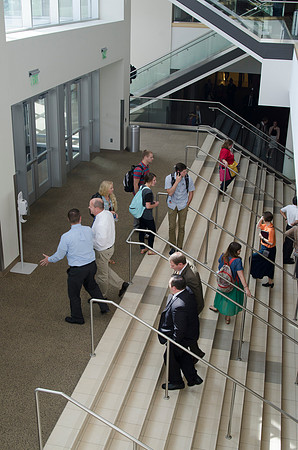 Students walking out on campus after devotional