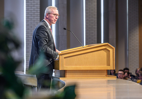 Kelly Burgener introduces Don Sleight, CEO of AgReserves, Inc for The Church of Jesus Christ of Latter-day Saints speaks on the topic of: Learning From Science, Learning From Faith, in the Taylor Cha