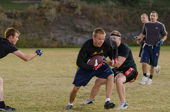 BYU-Idaho students play flag football with the rec sports program on BYU-Idaho campus