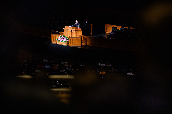 Elder James R Rasband of the Quorum of the Seventy speaks at devotional in the BYU-Idaho Center.