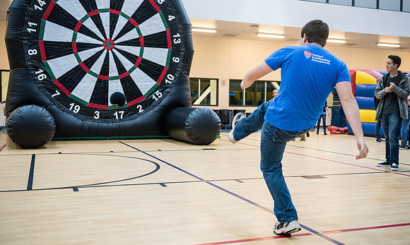 First Friday is a campus event to kick off the new semester with activities, inflatables, food, and dancing. Fall Semester.