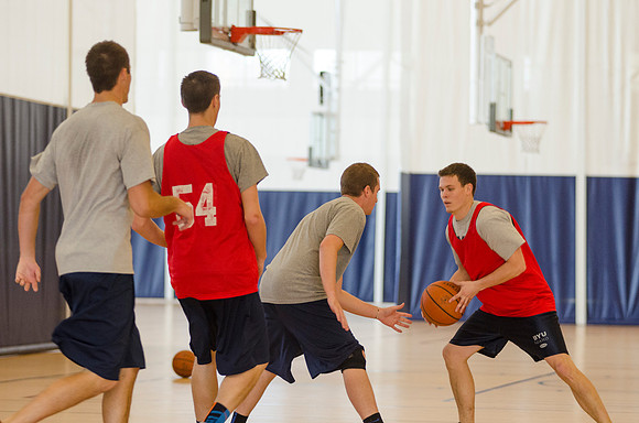 BYU-Idaho students playing basketball at the I-Center on campus