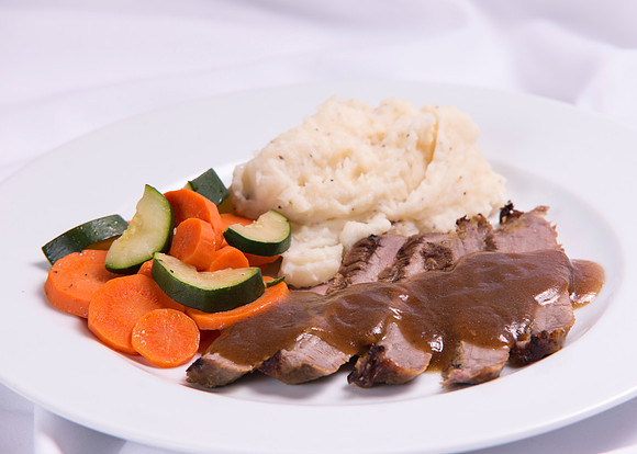 Food Service Catering Menu item. Balsamic Flank Steak, Potatoes and vegetables