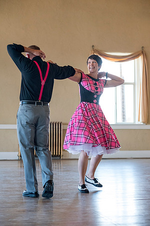 Adam and Jennifer Anderson dancing at the Woodman Ballroom for Online Recruiting marketing material.
