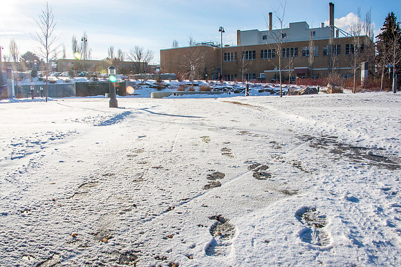 Campus after a light snow fall on a winter morning.