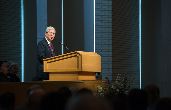Elder Gerrit W. Gong of the First Quorum of the Seventy addresses employees in an all employee meeting. Sept 2016.