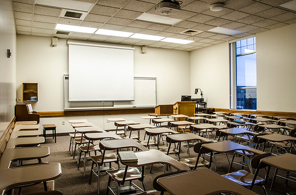 An empty classroom at the end of the day.