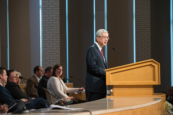 Elder Gerrit W. Gong of the First Quorum of the Seventy addresses employees in an all employee meeting. Sept 2016.